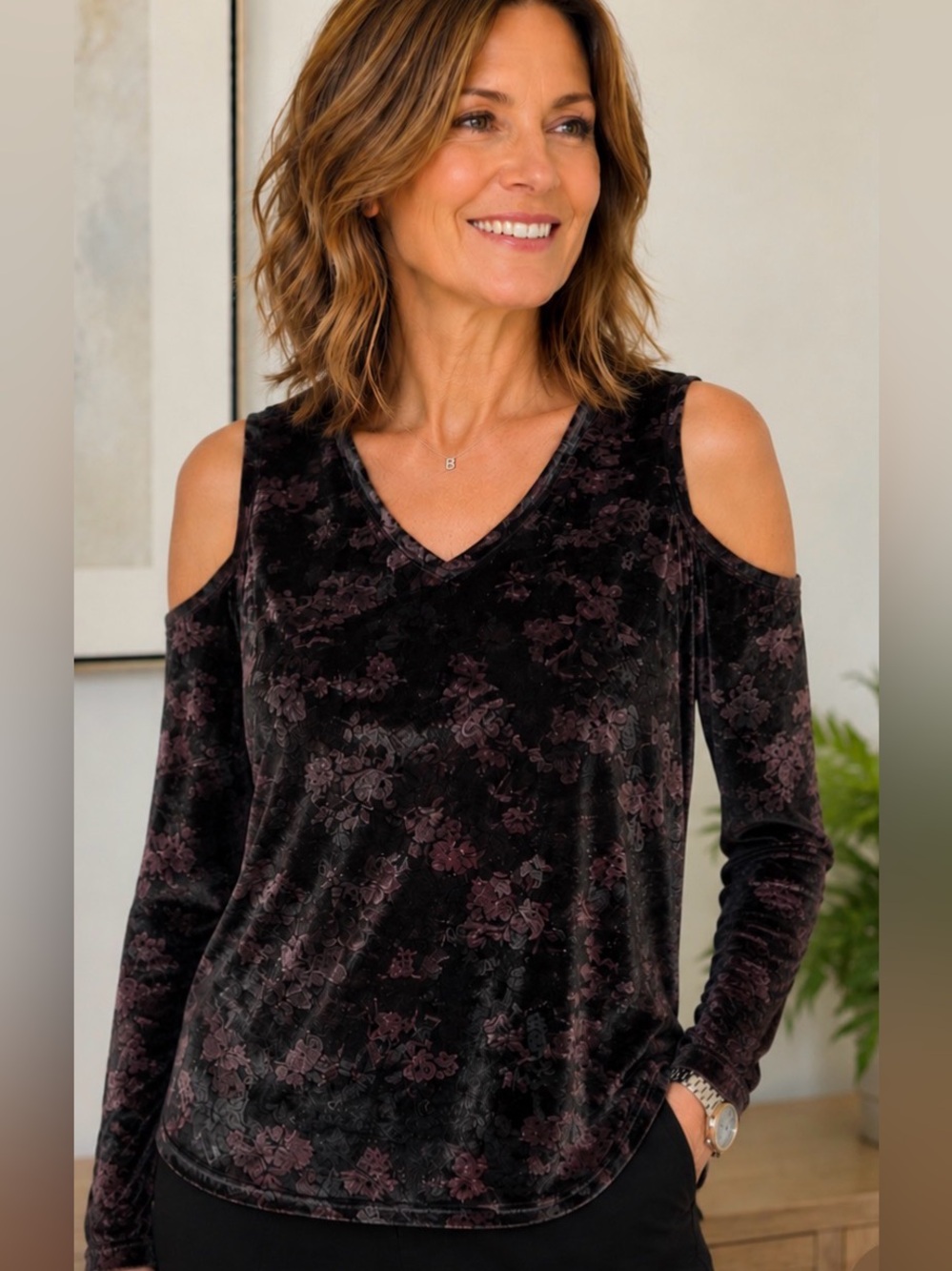 DG2 by Diane Gilman Velour Black Floral Cold Shoulder Blouse